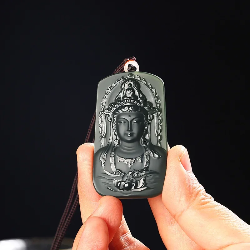 

Mai Chuang/ Natural Xinjiang He Tian Cyan Jade Lotus Guanyin Head Necklace Pendants Fashionable Personalized Peace Couple Amulet