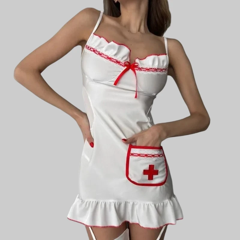 Toucheart Sexy Deep V Nurse Sling Skirt Cosplay Uniform Slim See-through Romantic Seductive Premium Interesting Underwear Set