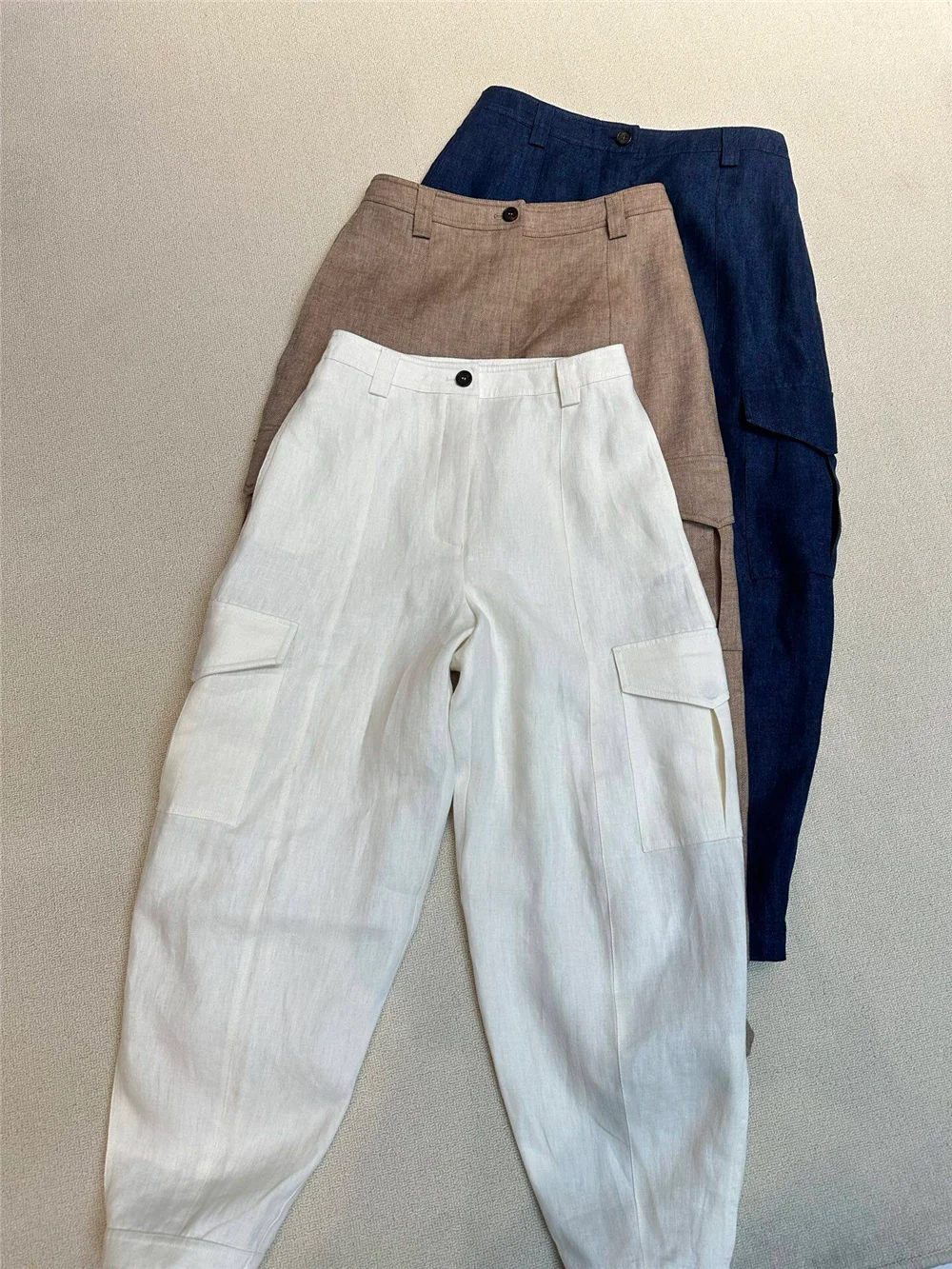 High-Waisted Linen Button Casual Commuter Trousers