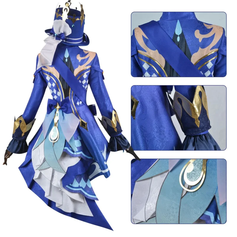 Anime Game Genshin Impact Focalors Cosplay Furina Hoed Pruik Haar Volledige Set Outfit Carnaval Dames Outfit Jurk Halloween Kostuum