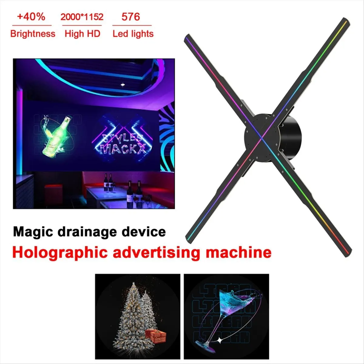AABFK WiFi 3D Holographic Projector 576LED APP Control Holographic Player Fan for Image Video Store Advertising Display EUPlug