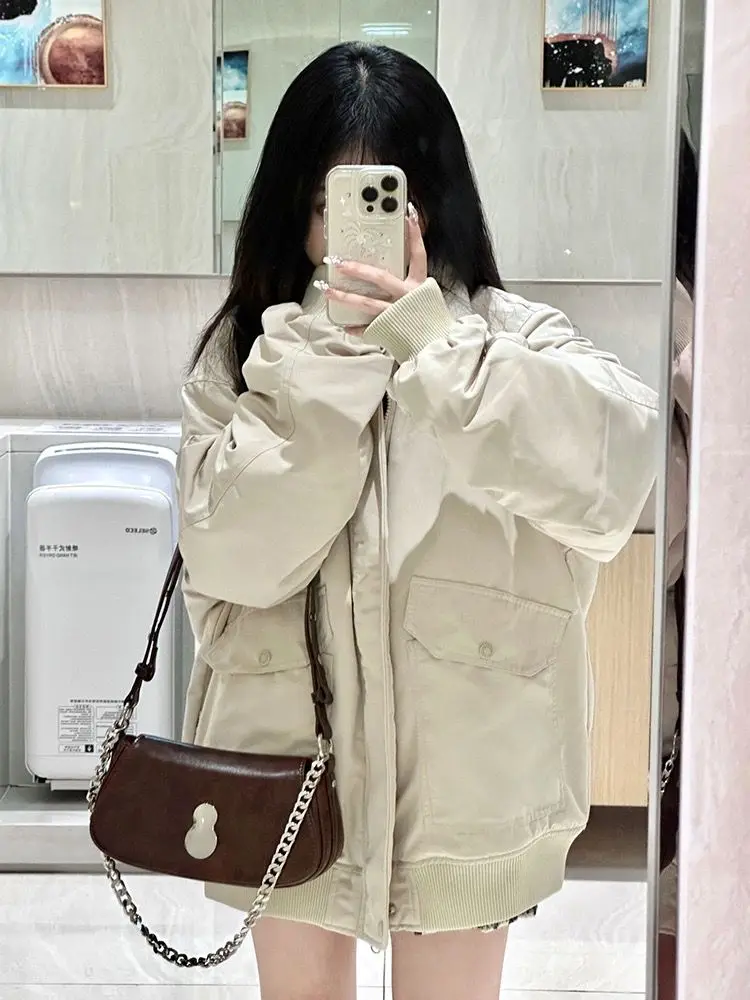 

2025 Winter Quilted Coats Turn Down Collar Solid Color Pockets Warm Thicken Jackets All Match Tops Casual Loose Women's Clothing
