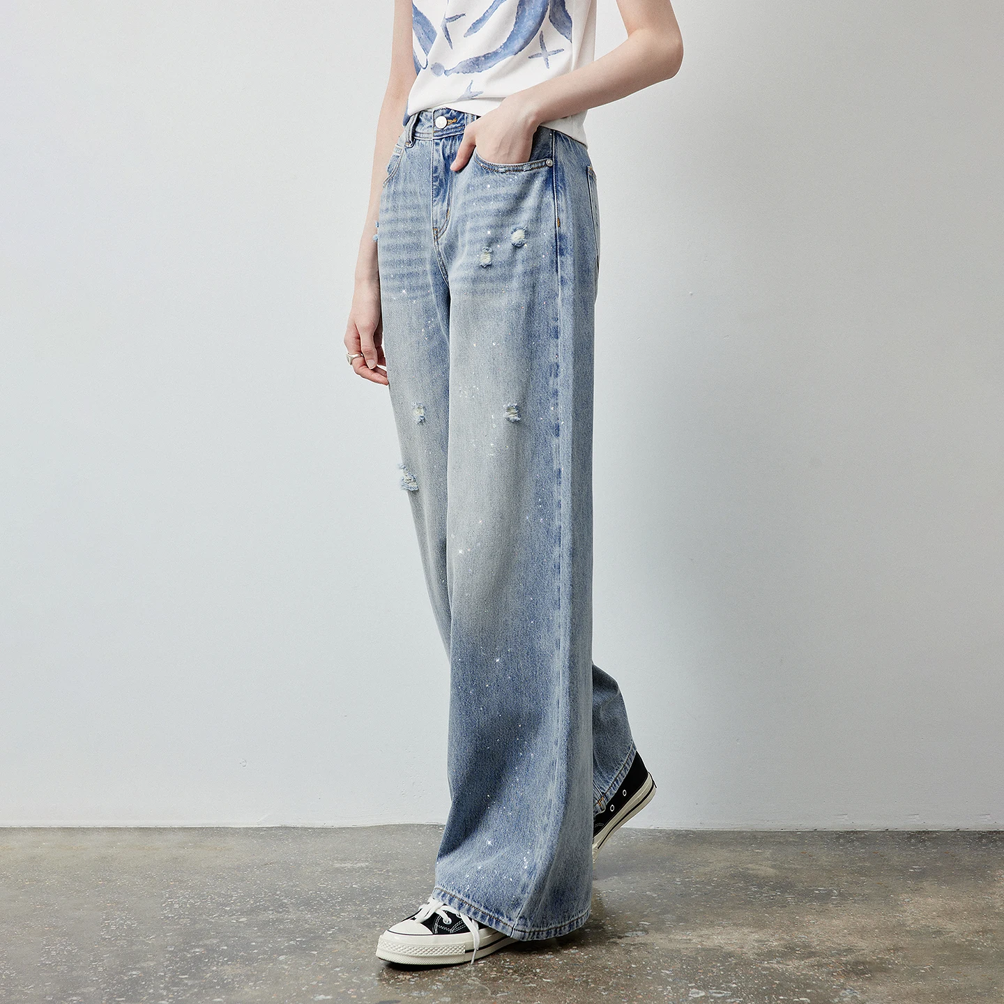 TOYOUTH Women Jeans 2026 Summer New Vintage Washed Ripped Frayed Hem Rhinestone Spicy Girl Mid High Waist Wide Leg Casual Pants