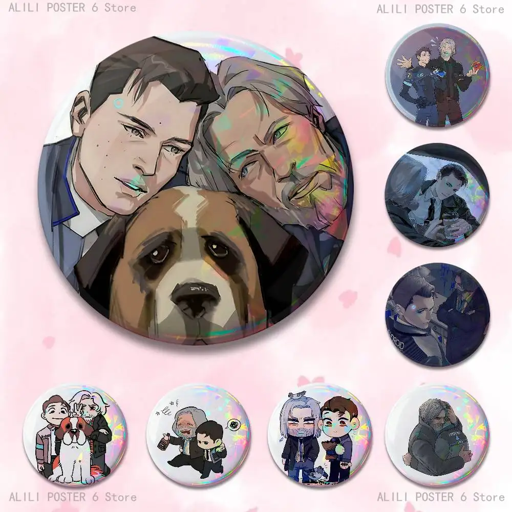 Hank und Connor Hug D-Detroit 58 mm 44 mm HD-Druck-Brosche, Abzeichen, hübsche Derby-Broschen mit rundem Display, Anstecknadeln