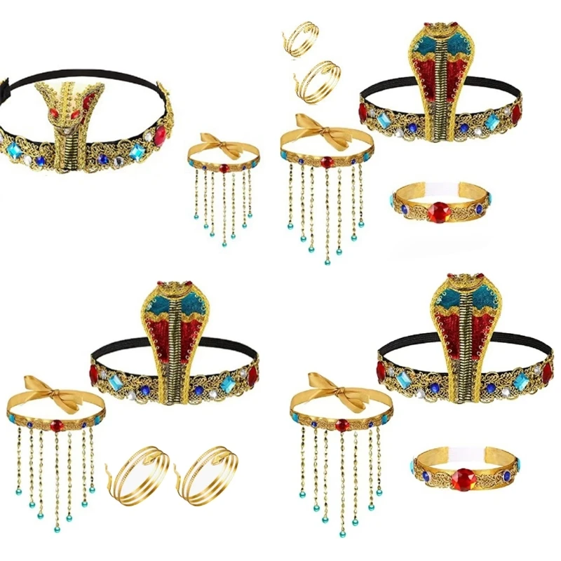 

Egyptian Costume Accessories Egyptian Headpiece Snake Arm Cuffs Bracelets Tassels Beaded Necklace for Halloween Party