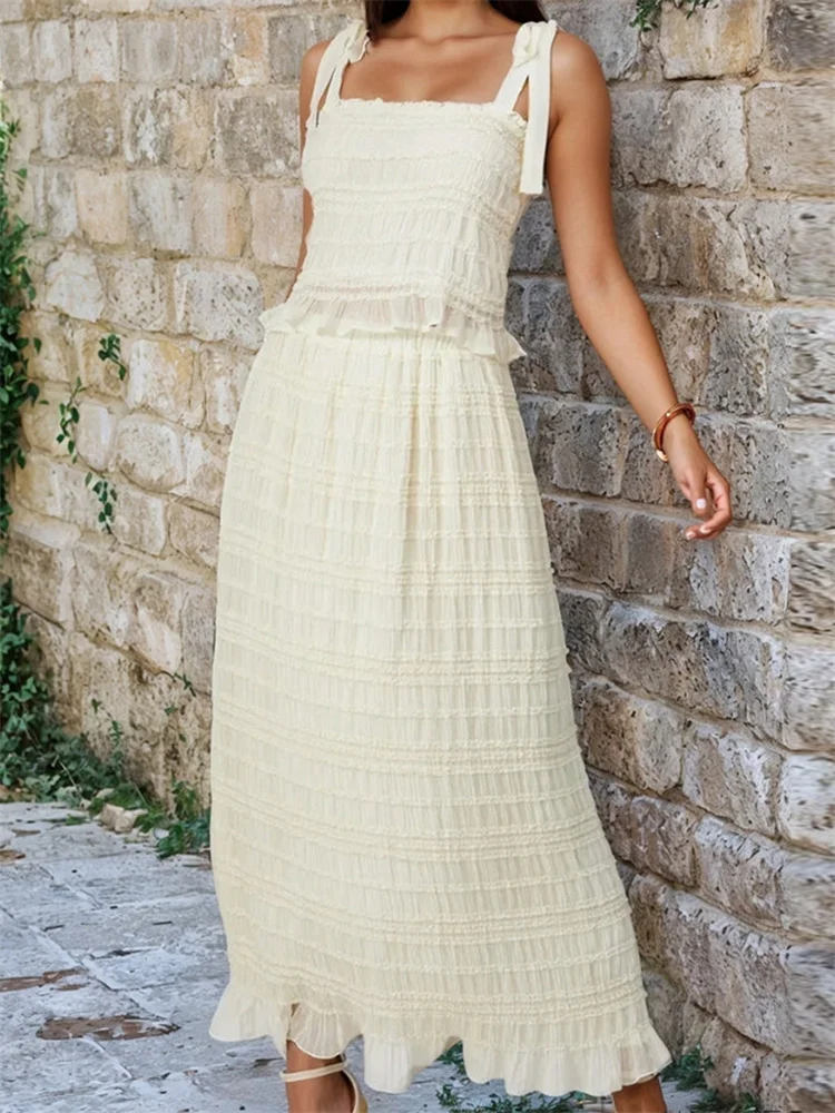 

CHRONSTYLE Women Skirts Sets Backless Bow Camisoles Tops and Long Maxi Skirts Pleated Summer Outfits for Cocktail Party Clubwear