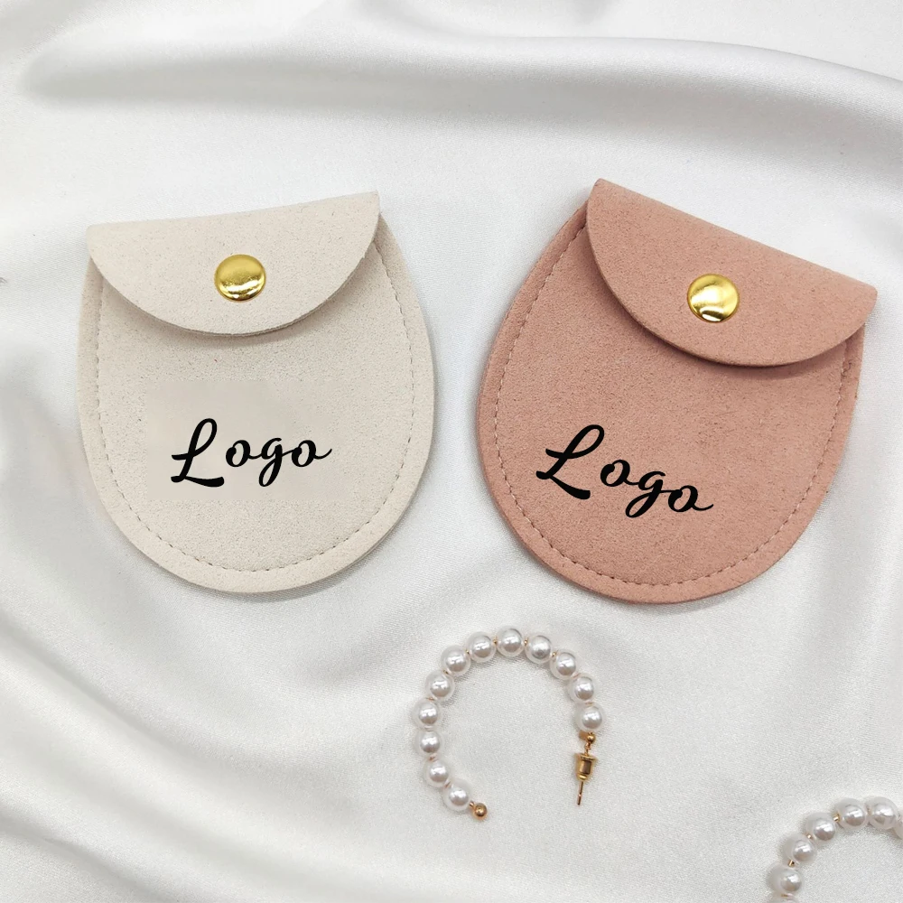 

100 Personalized Logo Print Gold Snap Button Packaging Suede Bags Round Bottom Custom Jewelry Gift Pouches Wedding Cosmetic Bags