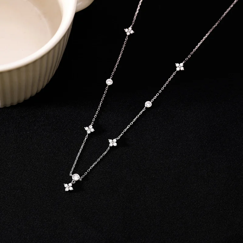 Summer 925 Sterling Silver Flower Necklace Sparkling Zircon Sweet and Simple Collar Chain Women\'s Party Jewelry Accessories