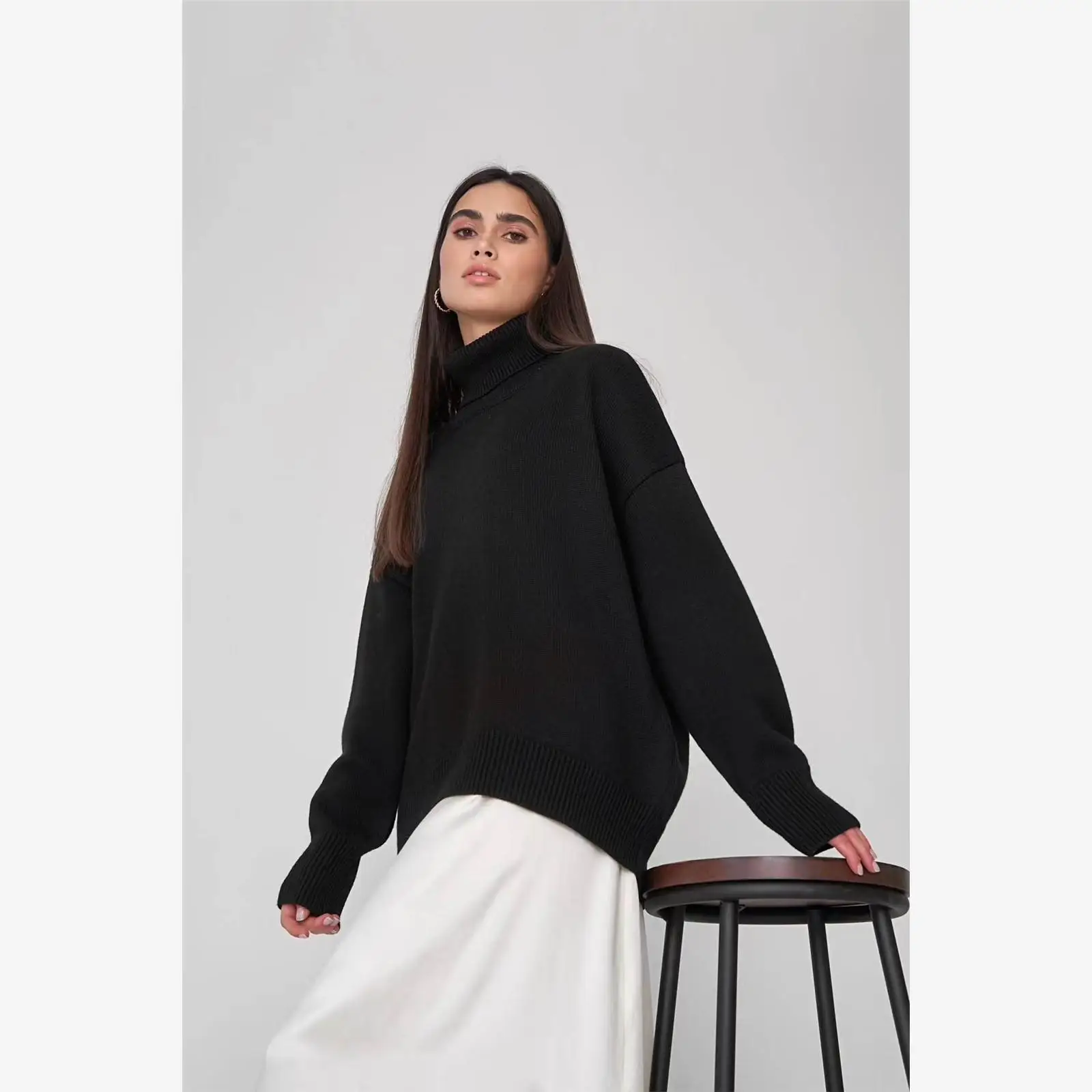 Bequemer, lockerer Pullover mit hohem Kragen, vielseitig einsetzbar, für Herbst und Winter, erschwingliche Strickwaren, gerader Schnitt, lang, Sve, normale Länge