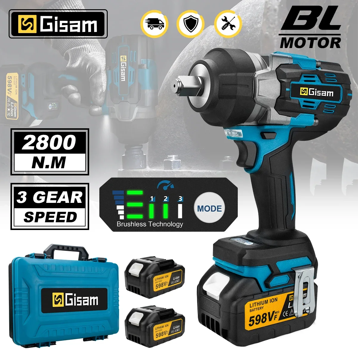 Gisam 2800N.M Brushless Electric Impact Wrench 1/2 Inch Cordless Torque Wrench Screwdriver Power Tool For Makita 18V Battery