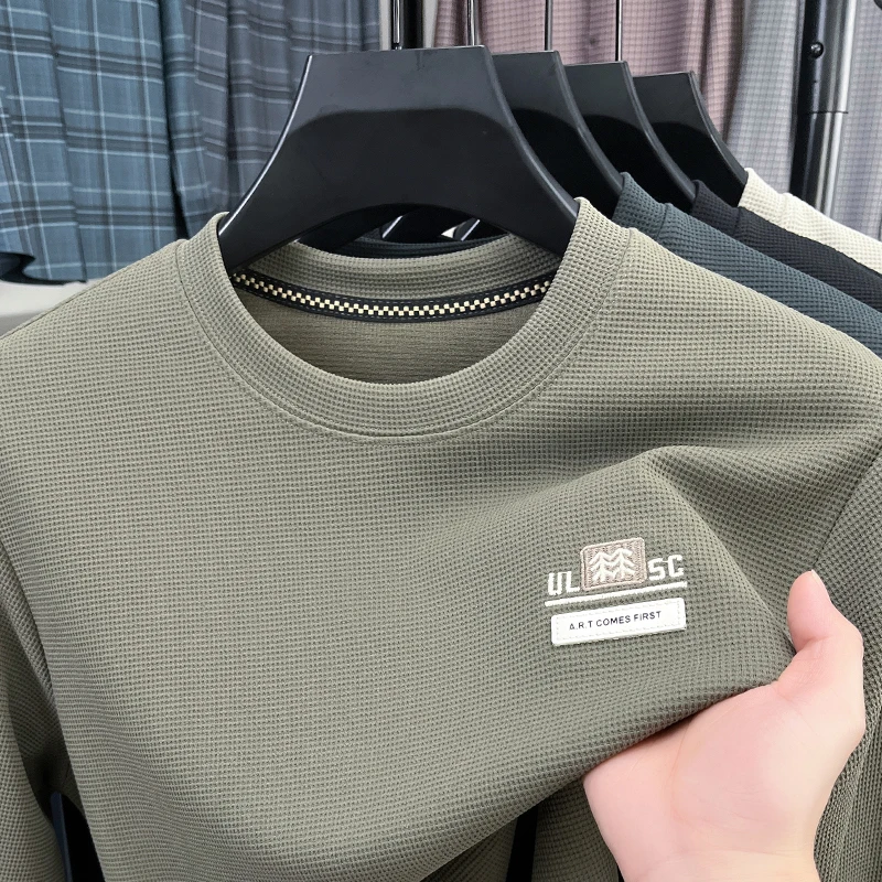 

Мужская высококачественная футболка с длинными рукавами, весна-осень 2024, вафельный круглый вырез, удобный повседневный топ с изысканной вышивкой