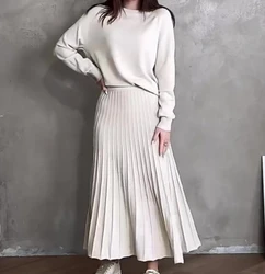 Two Piece Set for Women 2024 Retro Style Elegant Round Neck Long Sleeved Pullover Top and High Waisted Pleated Long Skirt Set