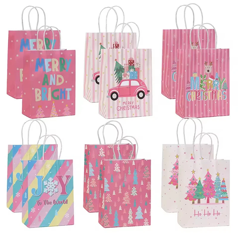 6/12 Stück rosa Thema Weihnachtsgeschenktüten mit Griff Weihnachtsbaum Süßigkeiten Kekse Tasche 2026 Neujahr Urlaub Kinder Geschenkverpackung Gefälligkeiten
