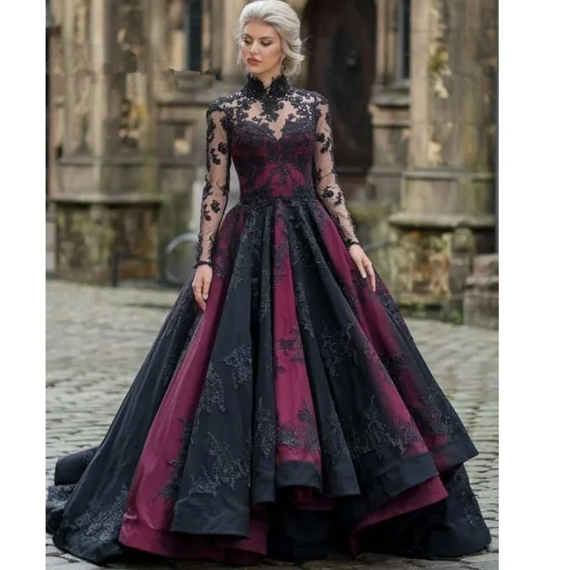 

Gothic evening dresses Black grape purple Long Sleeves Lace Appliques Pleats prom gown Vestido De Novia Customized