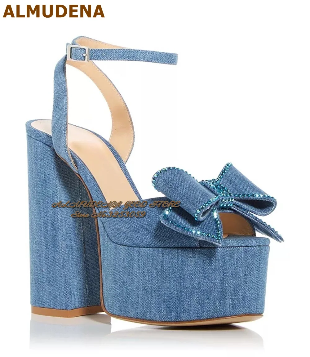 

ALMUDENA Blue Denim Strange Chunky Heel Sandals Crystal Butterfly-knot Platform Wedding Shoes Glitter Rhinestone Bowtie Pumps