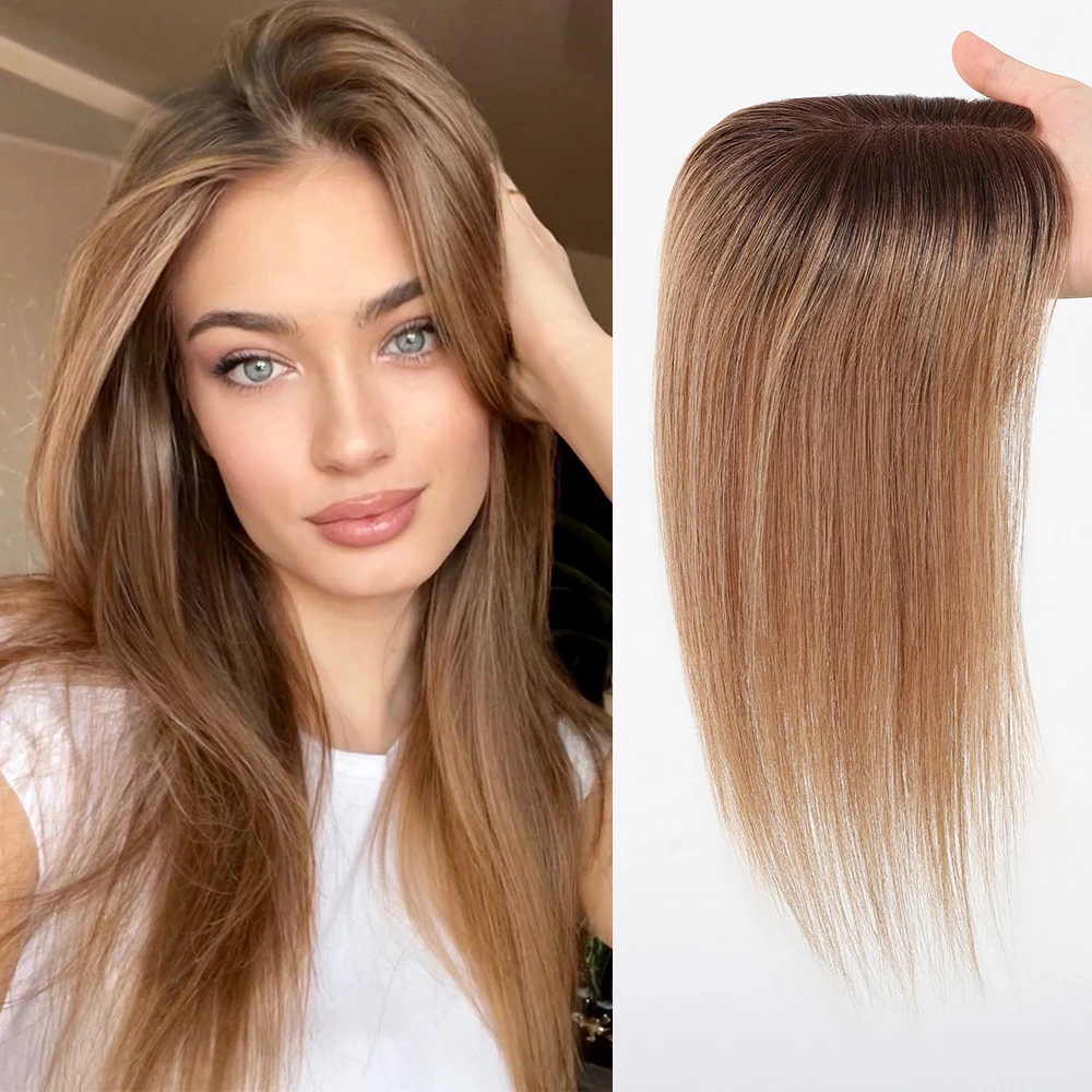 12inch Ombre Brown 100% Remy Human Hair Toppers 4x5inch Lace Base Natural Hair Topper for Women Middle Part with Thinning Hair