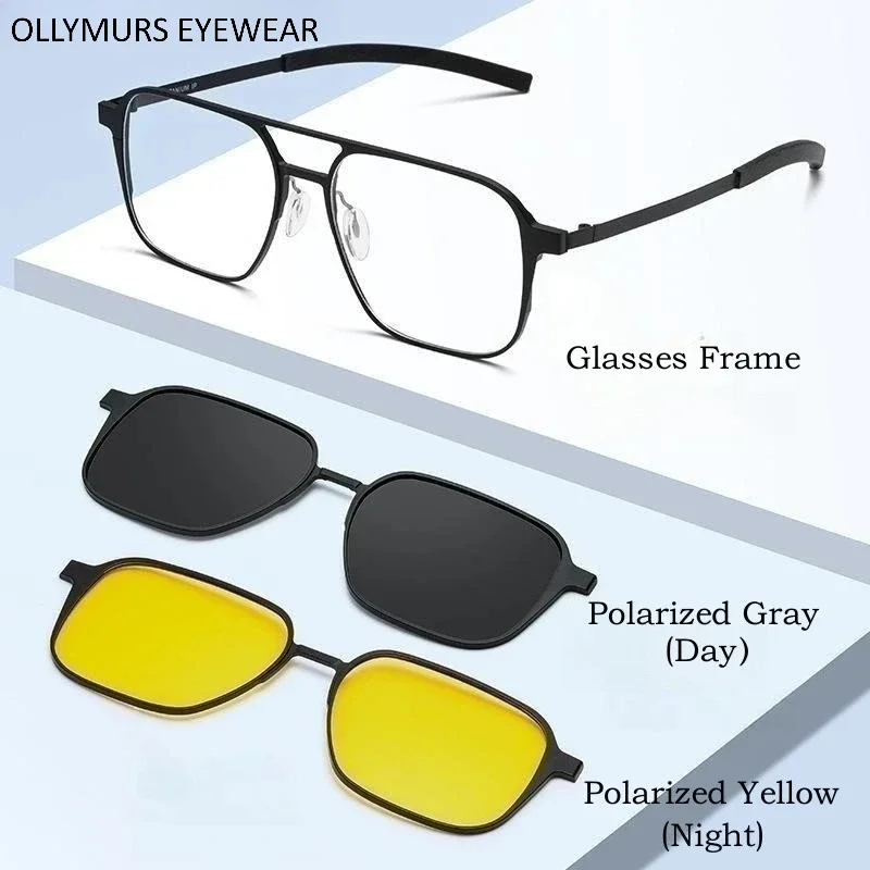 

OLLYMURS Pilot Polarized Magnetic Clip On Glasses Pure Titanium Double Beam Optical Prescription Eyeglasses Frame Men and Women