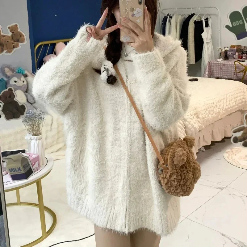 Cardigan Women Solid Hooded Chic Furry All-match Simple Loose Fit Gentle Cozy Soft Outwear Autumn Ins Knitted Casual Popular