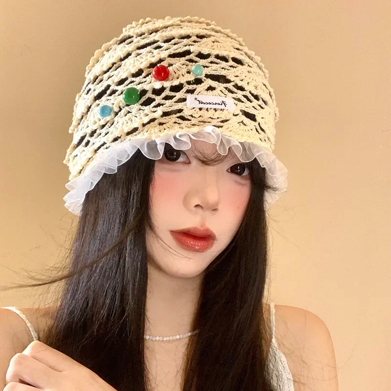 

Красочная женская летняя тонкая дышащая повязка на голову с кружевными краями и бисером, обтягивающая лицо, этническая вязаная повязка на голову