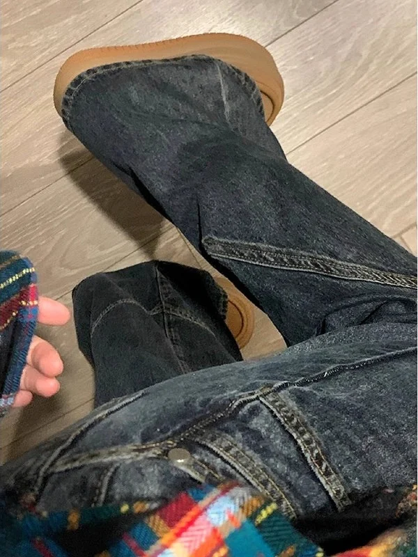 

American Retro Blue Patchwork Jeans Loose Straight Cleanfit Men's Design Sensation Micro Flare Long Trousers Casual Wear