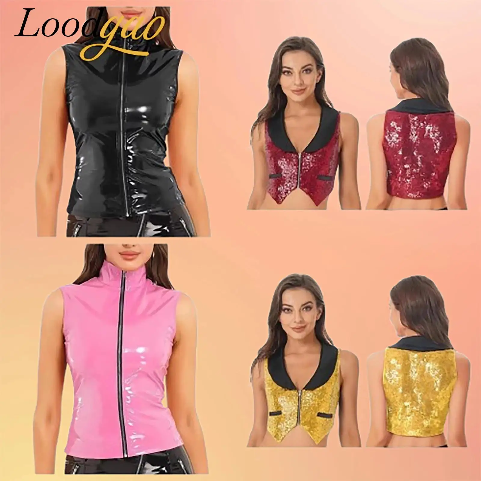 

Women Wetlook Patent Leather Vest Sequins Waistcoats Fashion Clubwear Sleeveless Tops Vests Festival Nightclub Clubbing Costume