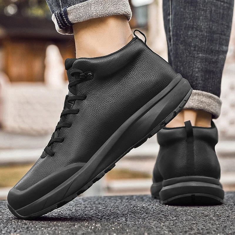 

Designer Mens High Top Shoes Gothic Cowhide Genuine Leather Shoes Lace Up Round Toe Thick Bottom Solid Color Casual Sneakers