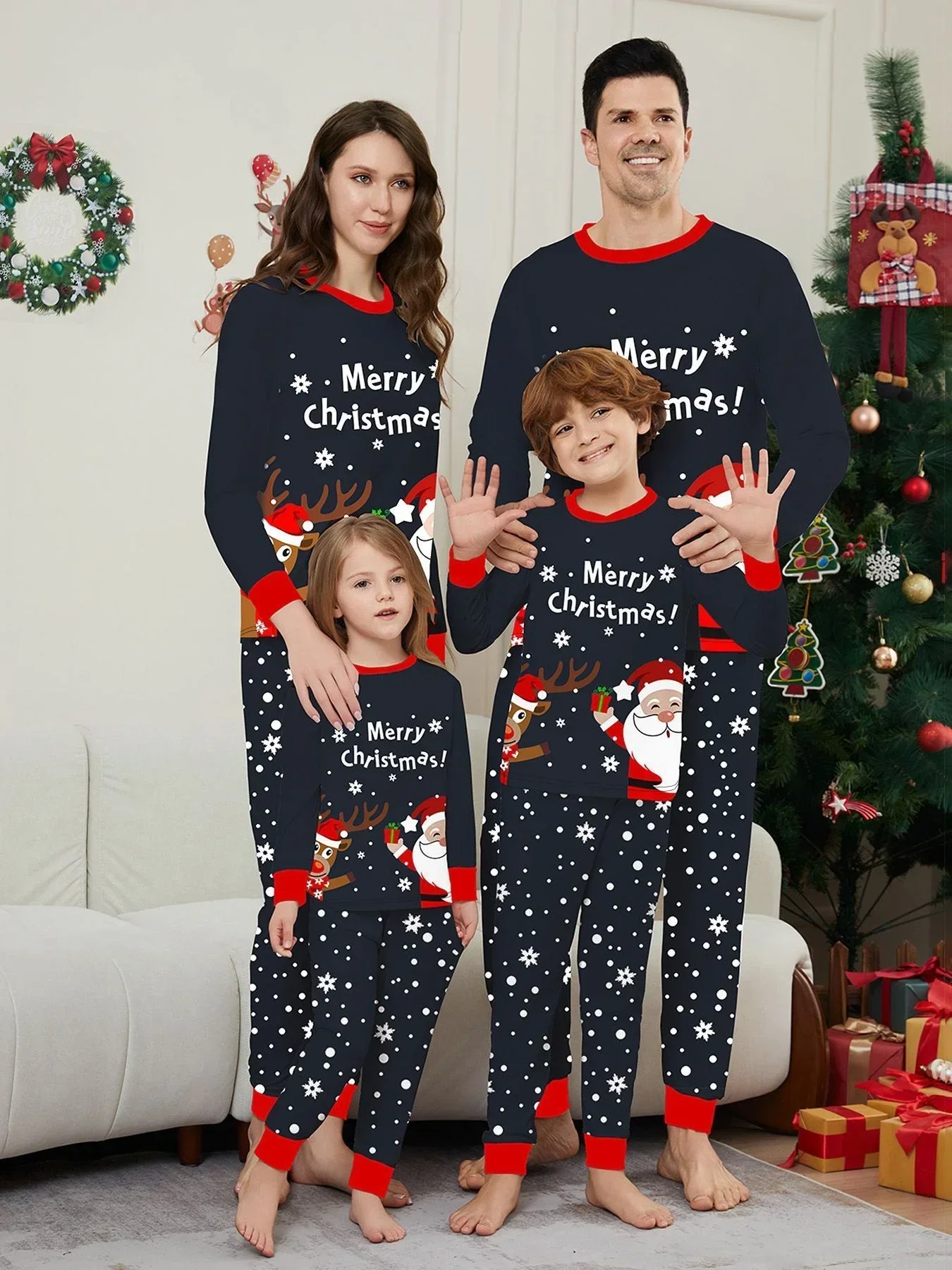 Merry Christmas Print Family Matching Outfits New Adults Kids Clothing Set Casual Soft Pajamas Baby&dog Romper Xmas Look