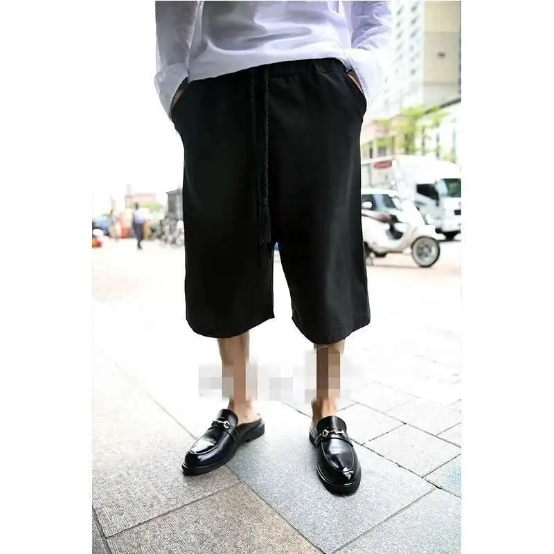 New Solid Lace Trend Wide Loose Men's Up Color 7-Point Leg Summer Black Youth Skirt Pants Horn
