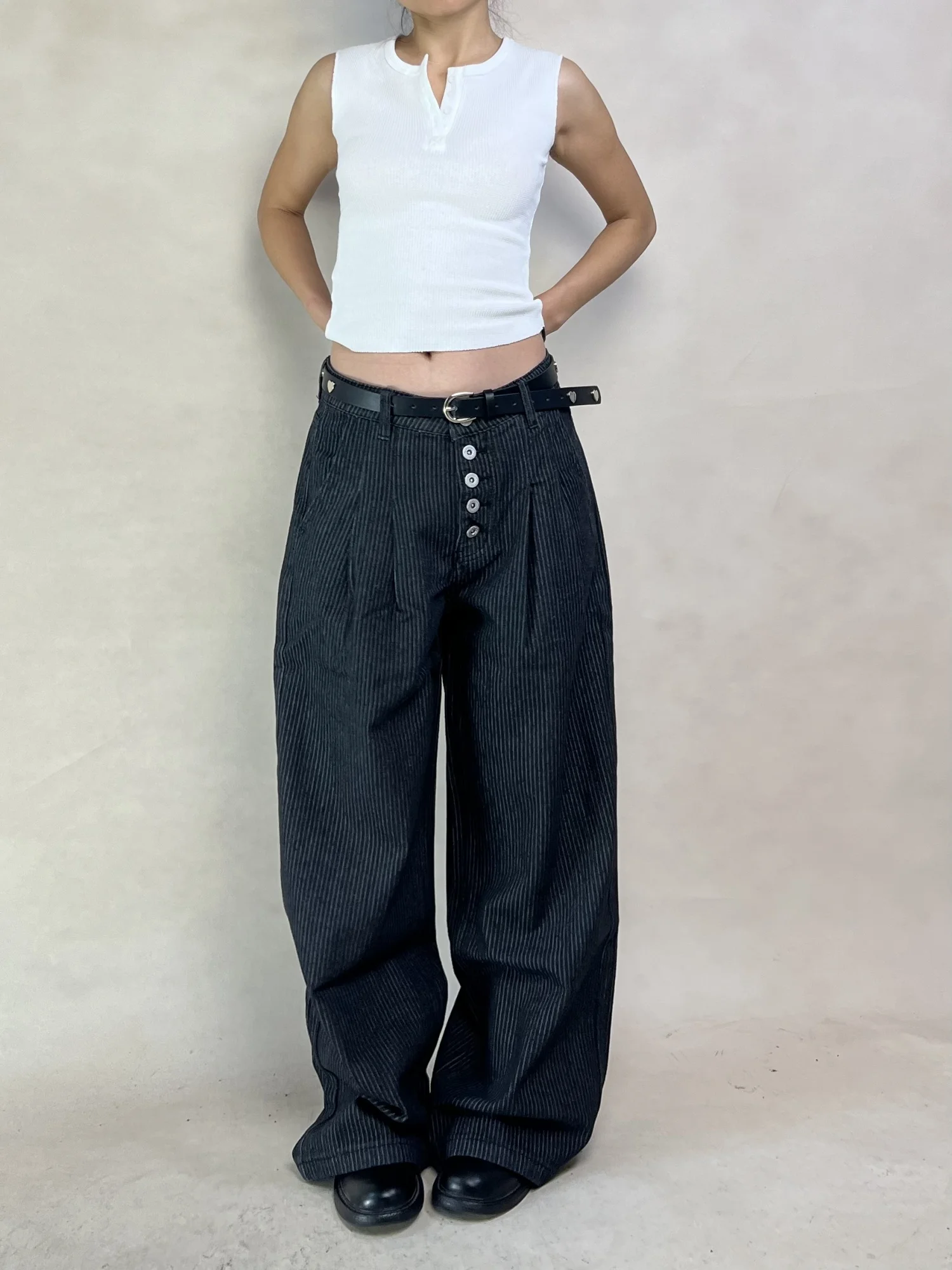 

Женские свободные брюки DINA2026 с прямыми штанинами, на пуговицах, из хлопка, в полоску, с естественной талией, длиной до середины икры, повседневные