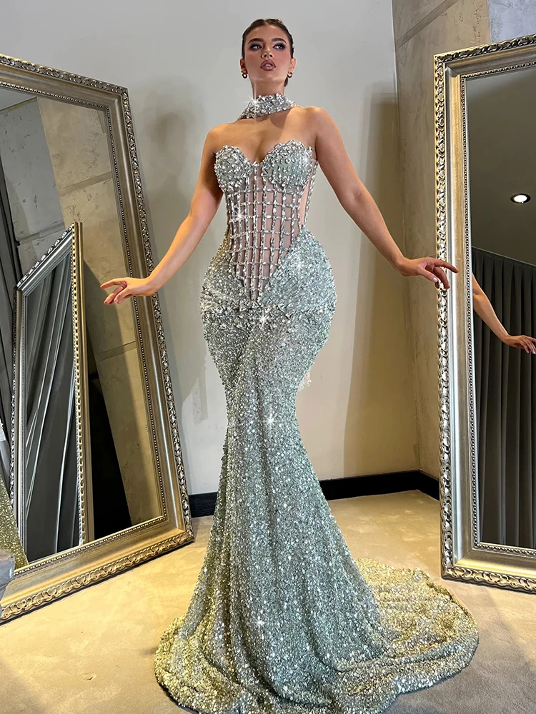 

Exquisite Crystal-Embellished Mermaid Wedding Gown – Strapless Beaded Birthday Party Dress with Open Back & Train