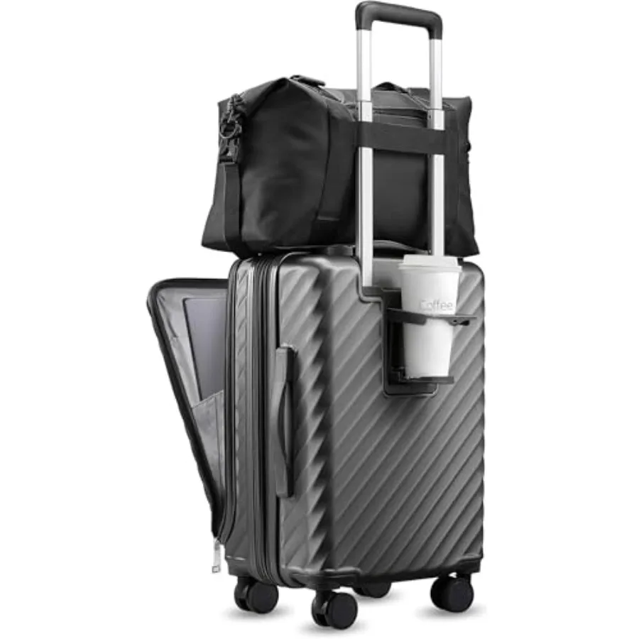 

Чемодан для ручной клади с передним отделением и подстаканником KVF, расширяемый, из твердого поликарбоната, с передним карманом, FX-Plus, цвет оружейной стали