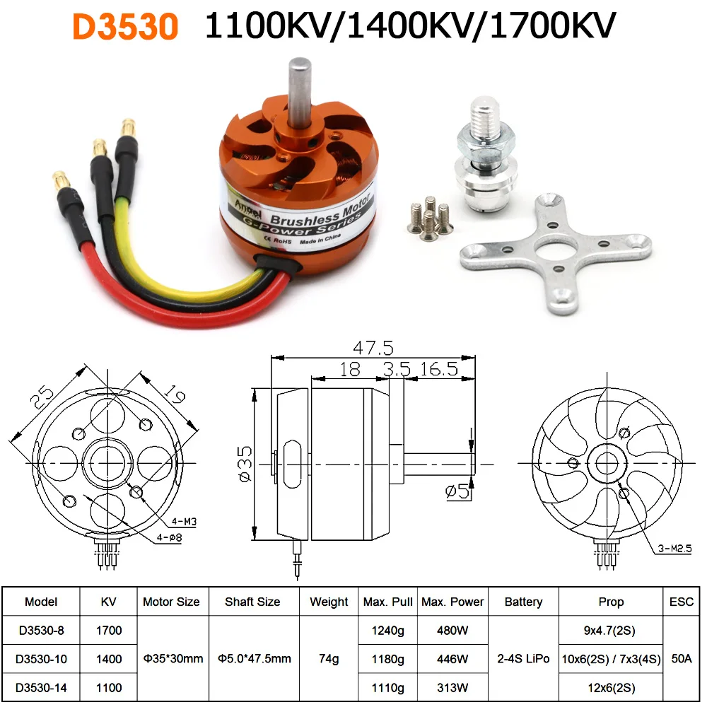 D3530 1100KV 1400KV 1700KV motore Outrunner senza spazzole per Mini multicotteri elicottero aereo RC