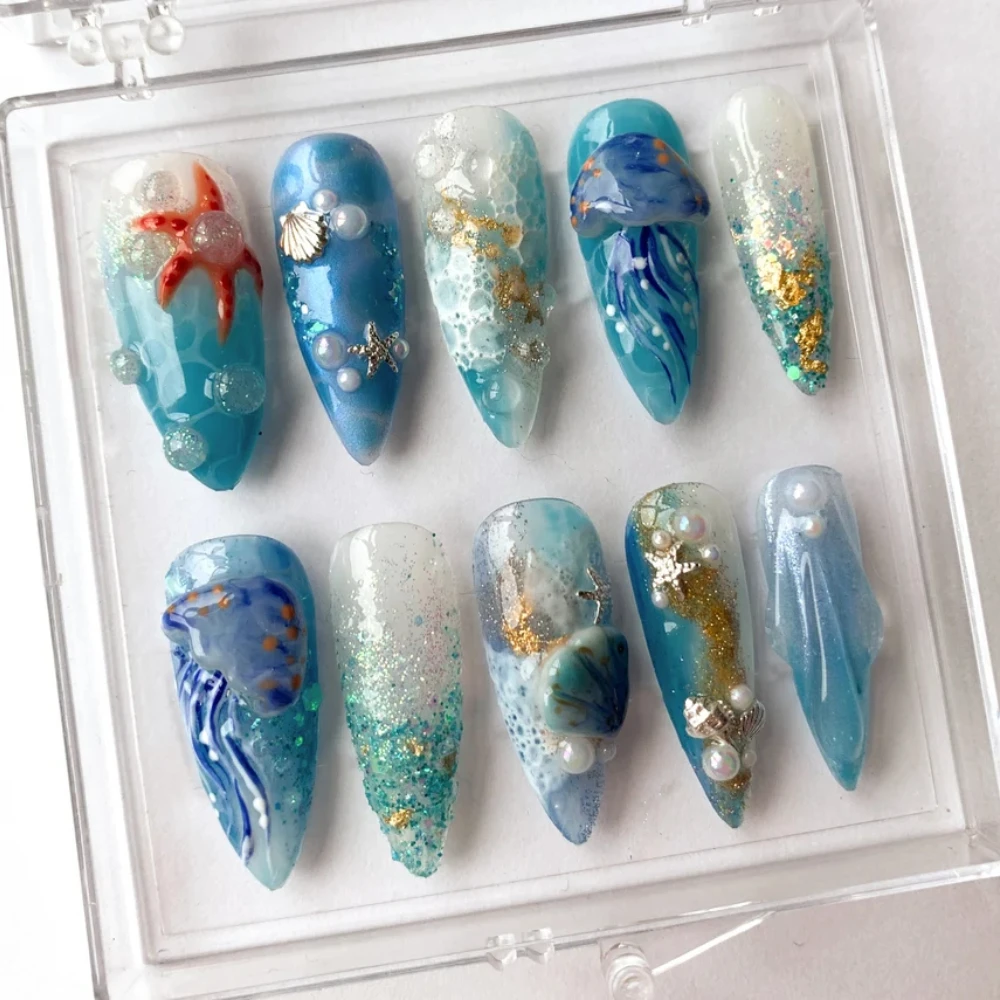 10Pcs Handmade Press On Nails 2024 New Nials Unique Painting Octopus 3D Long Almond Fake Nails Design Art DIY Nails with Set