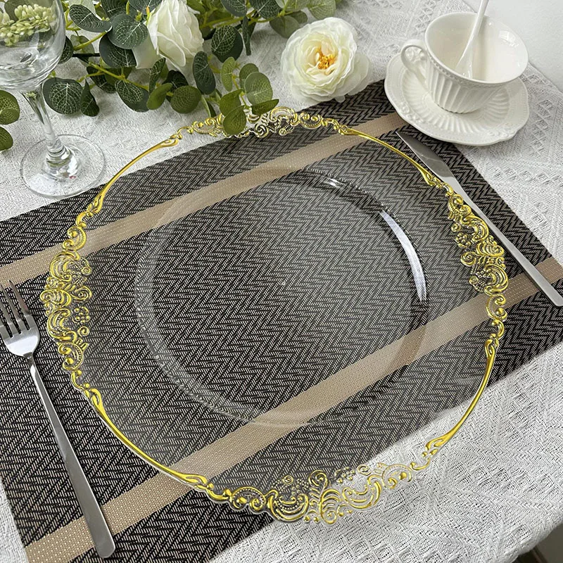 13inches Clear Charger Plate Wedding Hotel Party Stamping Plastic Service Plate Home Dinner Charger Banquet Cushion Plate 100PCS