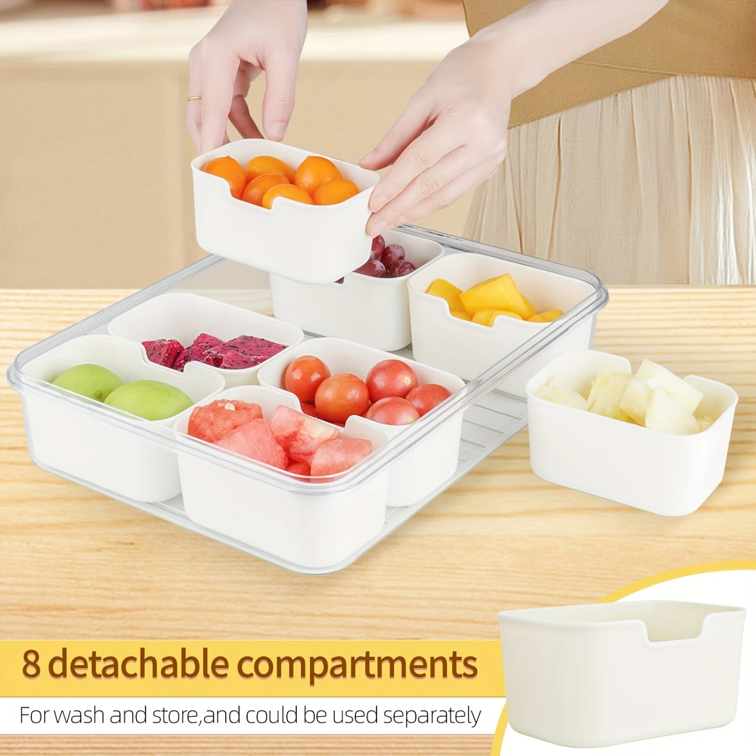 Plastic dienblad met meerdere compartimenten en deksel, stapelbare fruit- en groentecontainer, 8 afneembare minidozen voor snacks