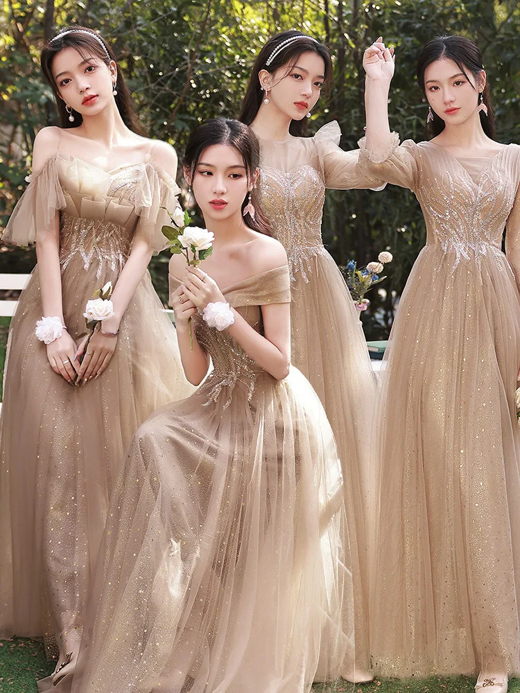 

4 Styles Bridesmaid Dresses New Long Sleeve Sequins Applique Elegant Tulle Backless A-Line Long Wedding Dress For Female Guests