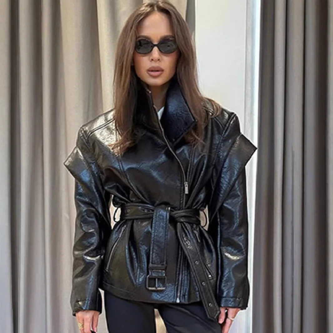 AW Fashion Solid Leather Jacket Women's Turtleneck Side Zipper Long Sleeve Belted Coat  Autumn New Lady High Street Outerwear
