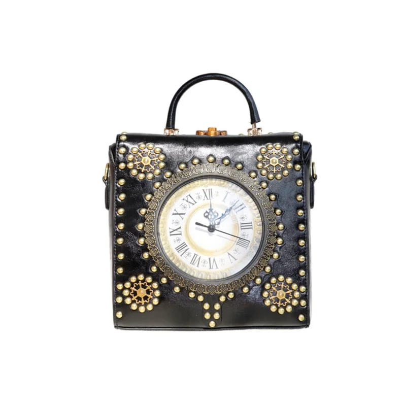 British Classic Style New Clock-Shaped Handbag for Women Retro Rivet Square Shoulder Bag Unique Lock Decoration Tote Bag
