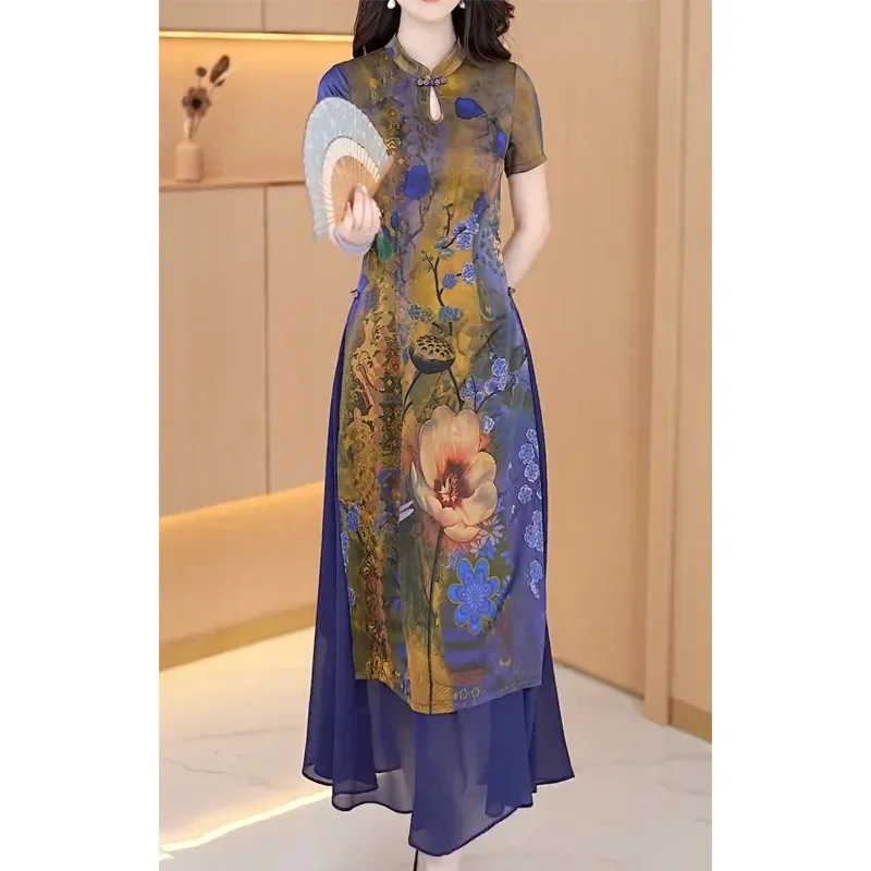 Chinese Style Modified Cheongsam Purple Style High-grade Dress Large Size Skirt With Meat Covered Crotch Knee Length Covered Ski