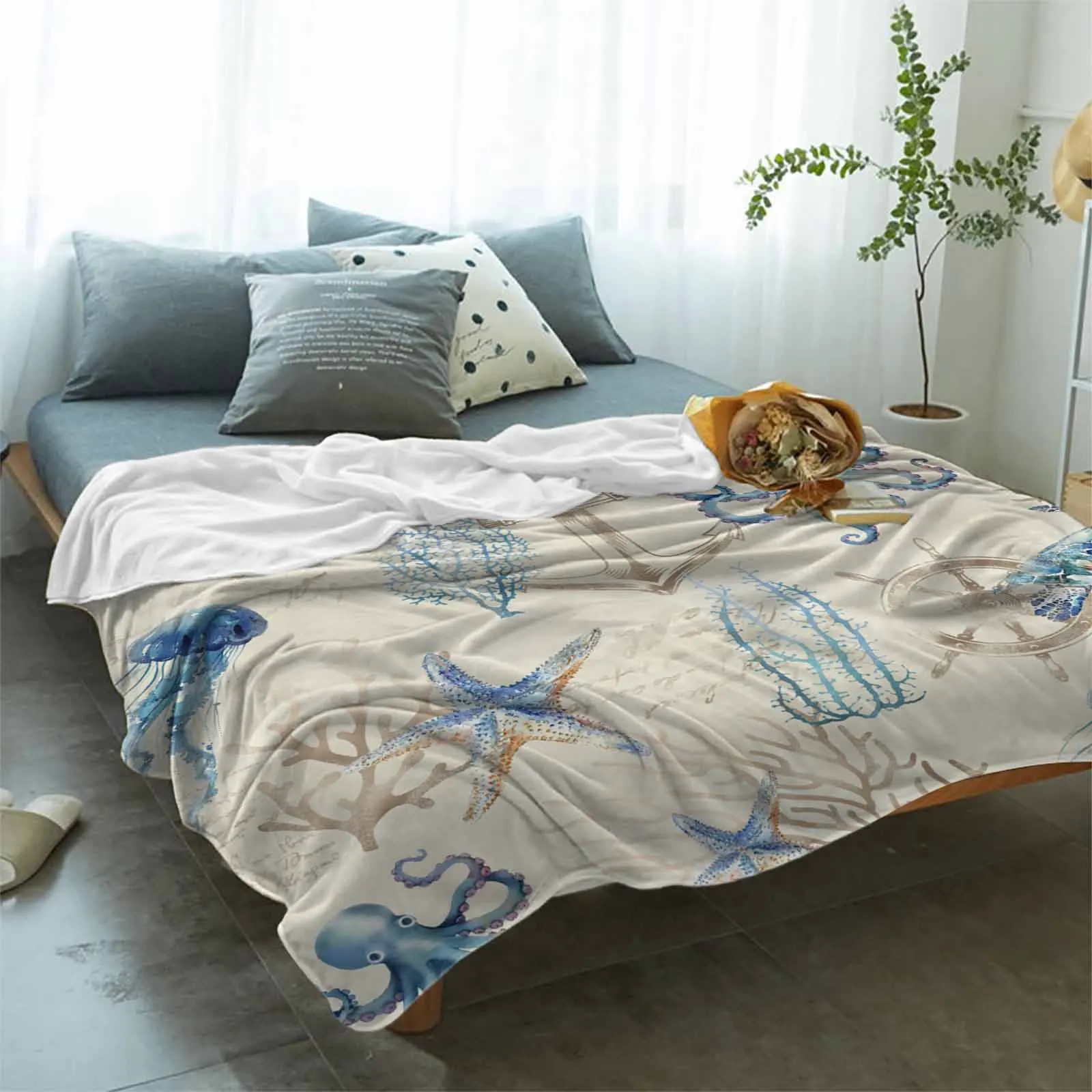 Summer Ocean Coral Turtle Anchor Blankets Portable Soft Throw Blanket for Bed Office Bedspread Home Decor Flannel Blanket