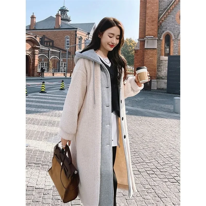 Fake Two-piece Hooded Plush Coat For Women  Autumn Winter New Plush Thickened Warm Loose Fitting Slimming Mid Length Jacket Tren
