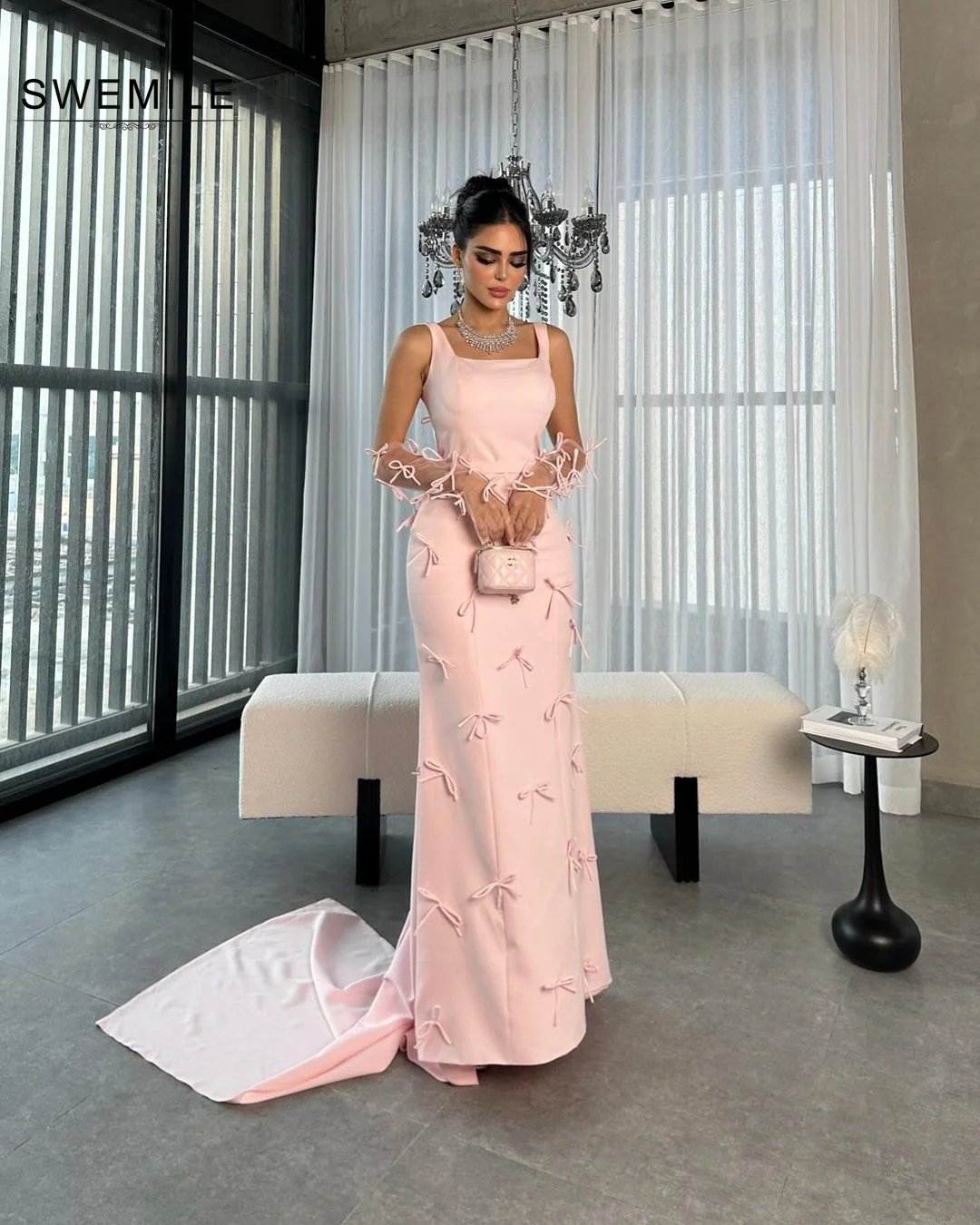 SWEMILE Pink Column Square Neckline Zipper Up Floor-Length Sleeveless Dresses For Special Events Prom Dresses Formal Occasion