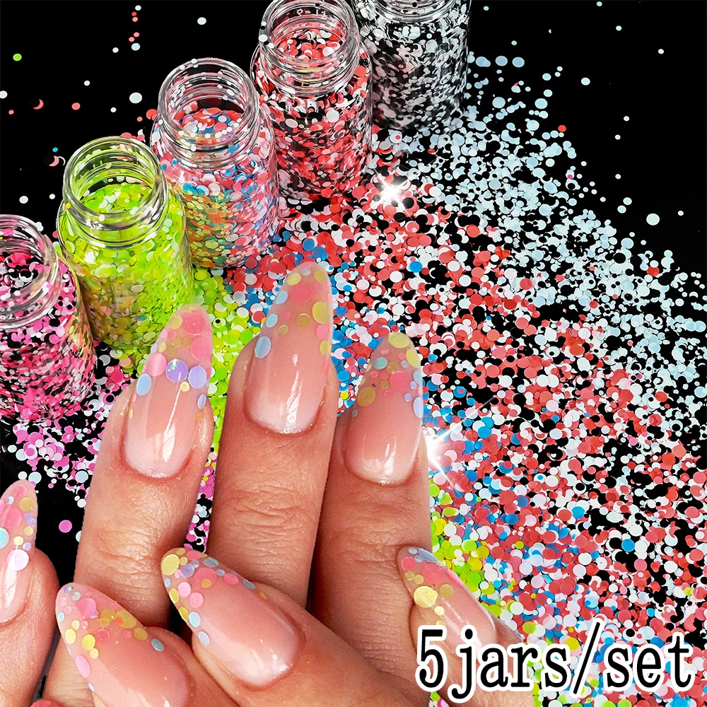 5Jars Colorful Round Polka Dot Nail Glitter Sequins Mixed Fluorescent Sparkly Neon Flakes For Vibrant Manicure Festival Nail Dec