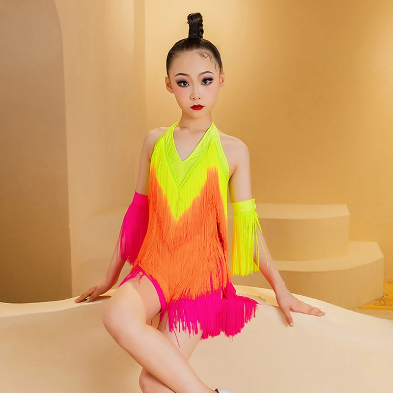 Summer National Standard Ballroom Dance Professional Costume Colorful Full Fringed Dresses Girls Latin Dance Tassels Dress 10541