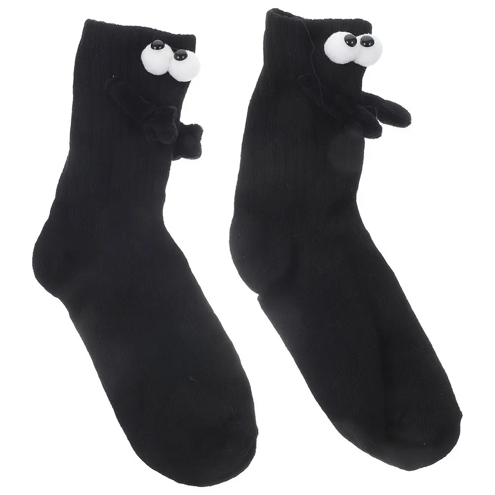 

1 Pair Cartoon Big Eye Hand Holding Socks Black Mid-Calf Breathable Funny Socks for Couples Best Friends Adults Kids