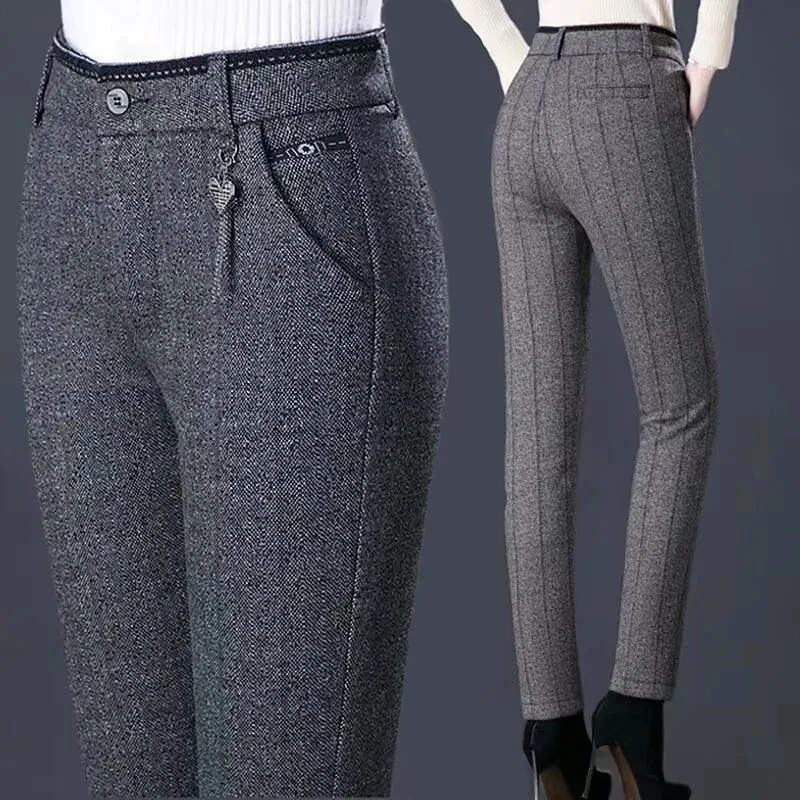 秋の女性のズボンの新ファッションチェック柄ハイウエストウールパンツ女性の冬のベルベットカジュアルパンツ中年母パンツ