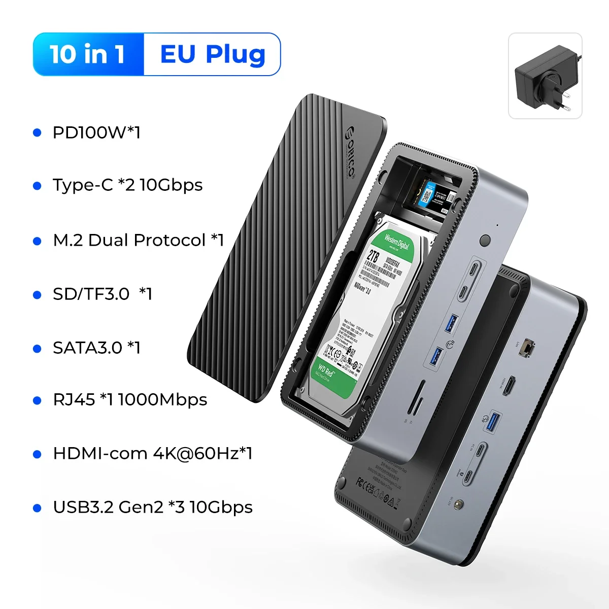 ORICO 2,5/3,5 inch HDD-dockingstation met M.2 SATA NVMe SSD-behuizing USB C 10Gbps PD 100W RJ45 SD/TF 4K 10 in 1 dockstation