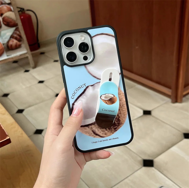 Fashion Cute Coconut Phone Case For iPhone 16 Pro 15 14 13 Pro Max Cover with Woundplast Stand Holder Cases for Apple 16Pro Capa