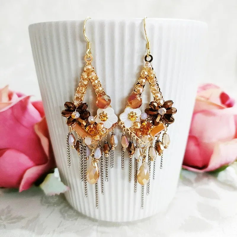 

Retro Tassel Shell Flower Crystal Earrings Hypoallergenic Ear Hooks for Women Exaggerated Korean Jewelry Gift