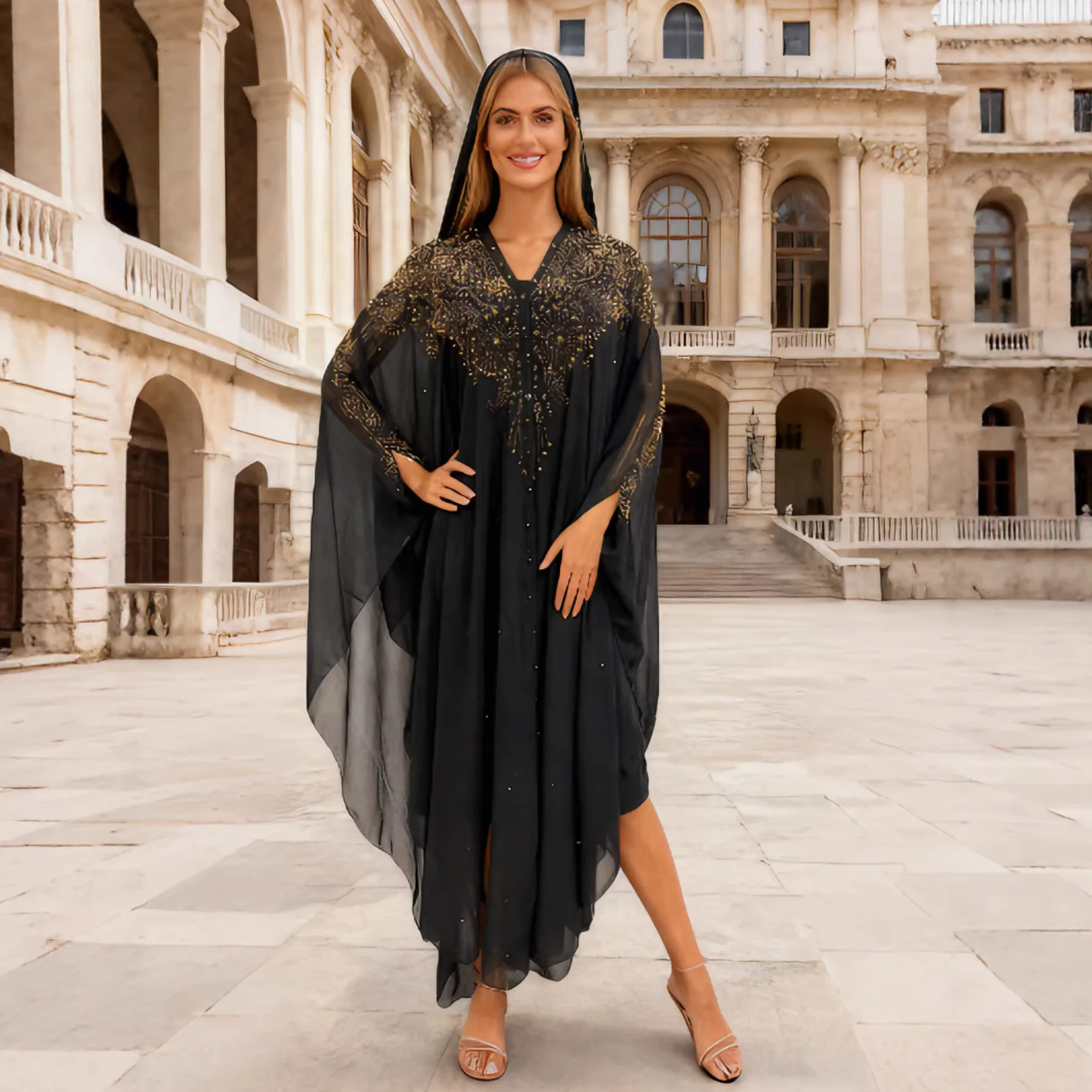 

Eid Djellaba Diamonds Abaya Dubai Kaftan Women African Dresses Ankara Dashiki Loose Boubou Robe Hooded Party Gown Morocco Caftan